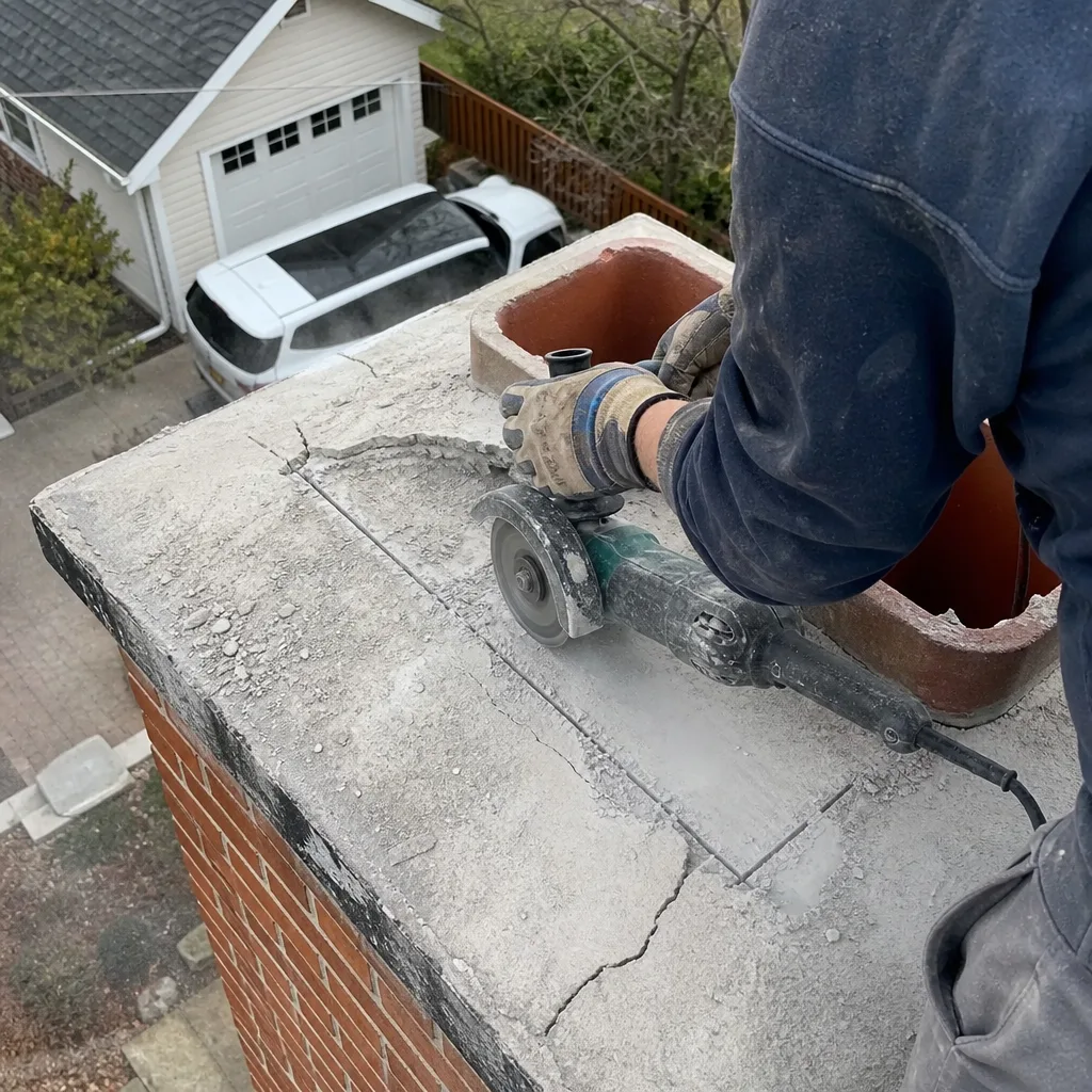 Technician using an angle grinder for professional chimney crown repair