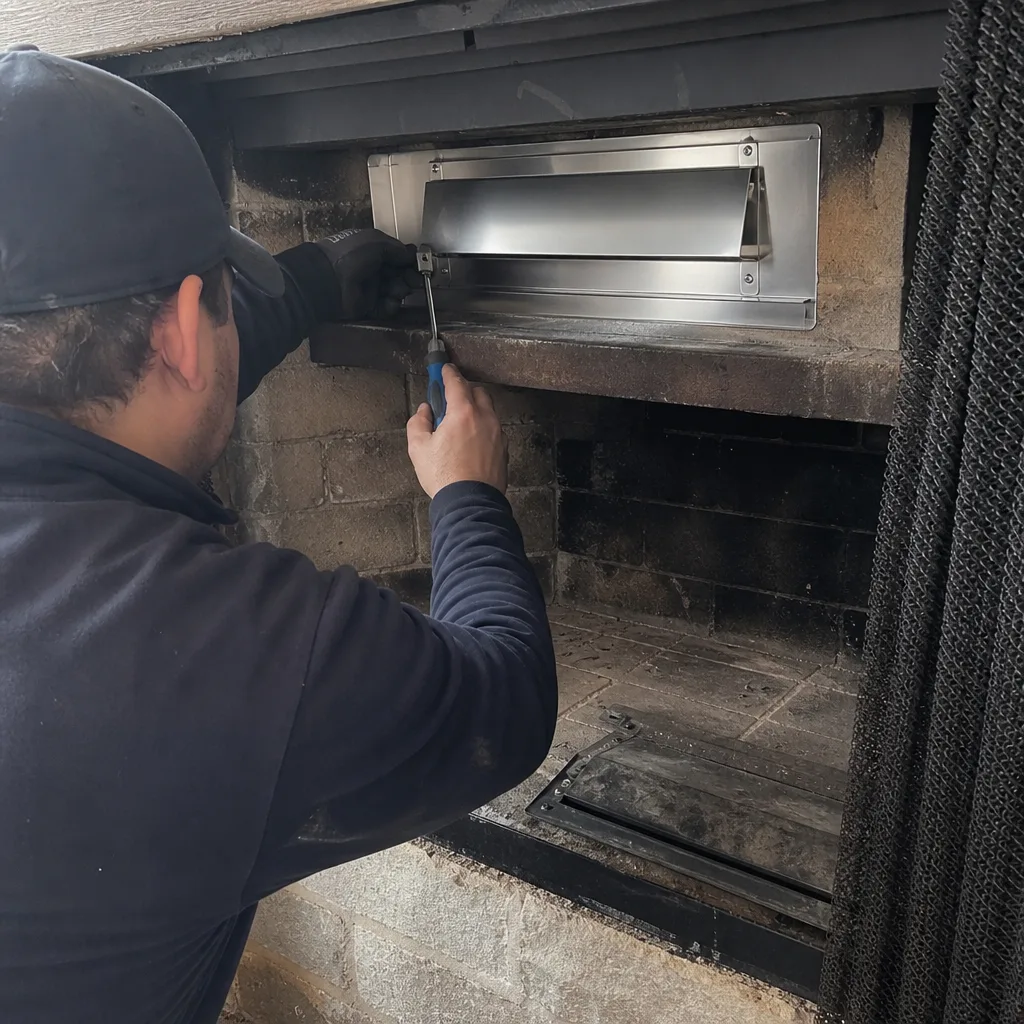 Technician installing a new stainless steel fireplace damper assembly
